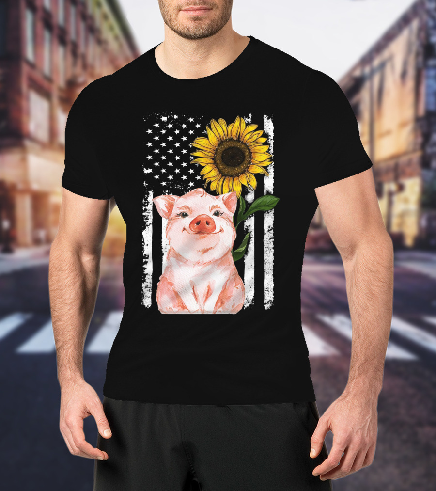 American Flag Sunflower Pig Vintage T-Shirt