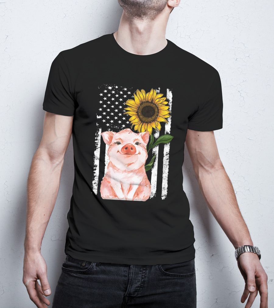American Flag Sunflower Pig Vintage T-Shirt