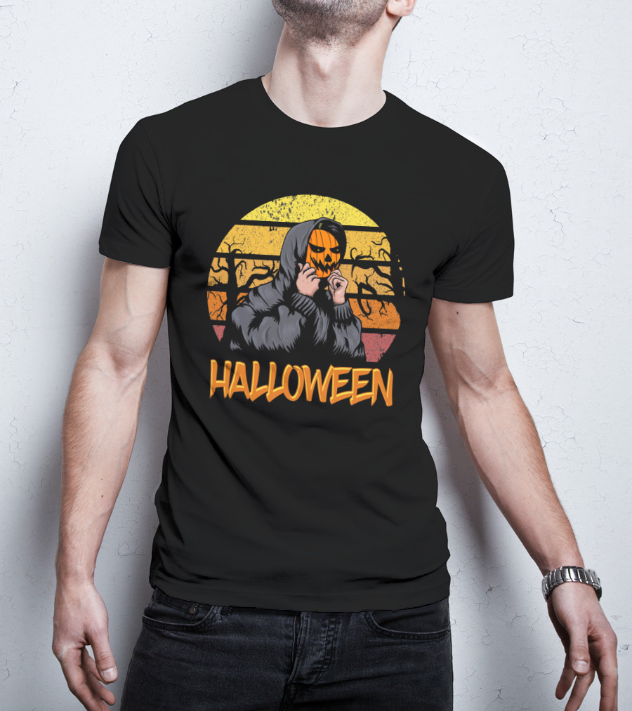 Halloween Hooded Figure With Pumpkin Mask And Sunset Stripes T-Shirt