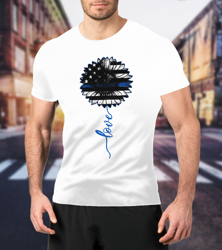 American Flag Sunflower Thin Blue Line Love T-Shirt