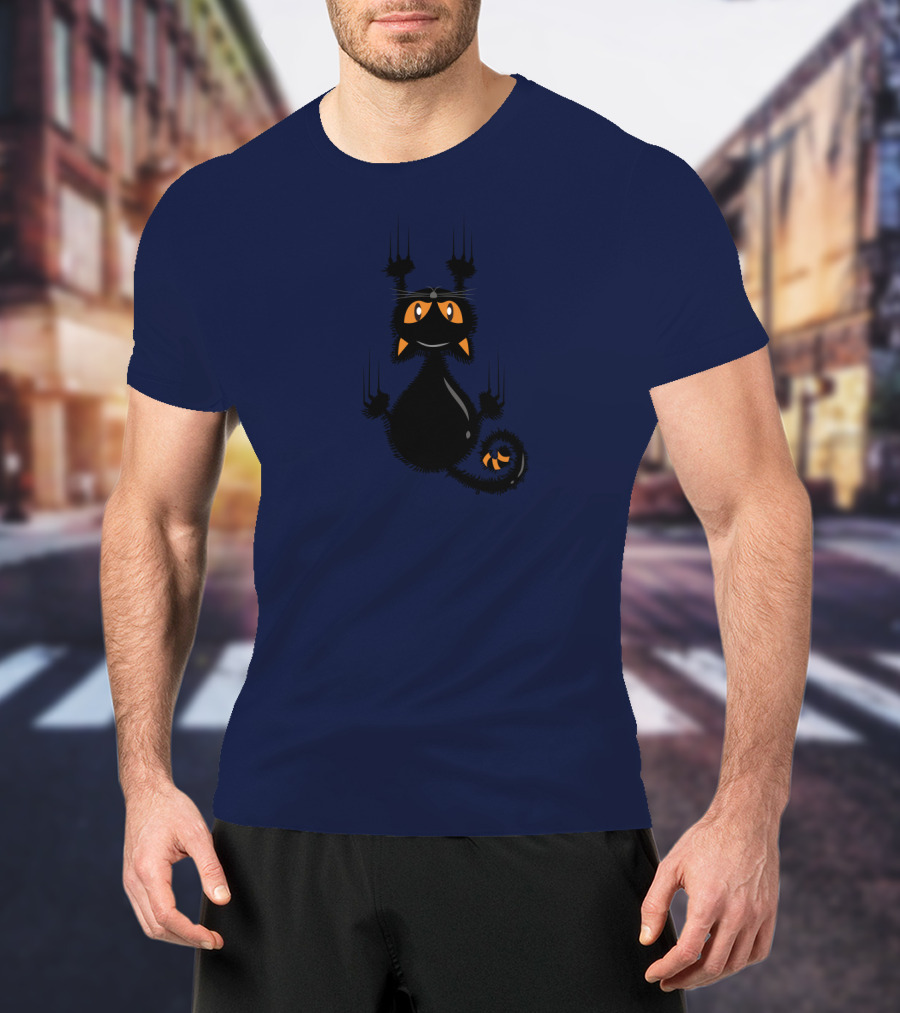 Cartoon Cute Halloween Black Cat With Orange Eyes And Scratching Claws T-Shirt