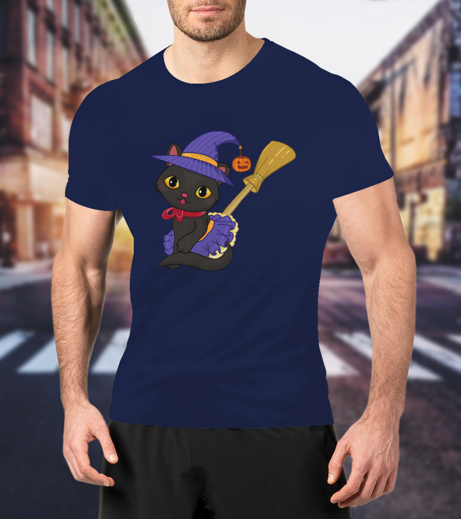 Halloween Black Cat In Witch Hat With Broom And Pumpkin Charm T-Shirt