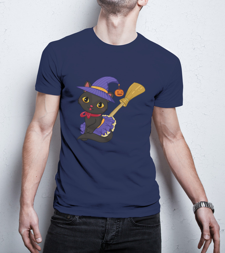 Halloween Black Cat In Witch Hat With Broom And Pumpkin Charm T-Shirt
