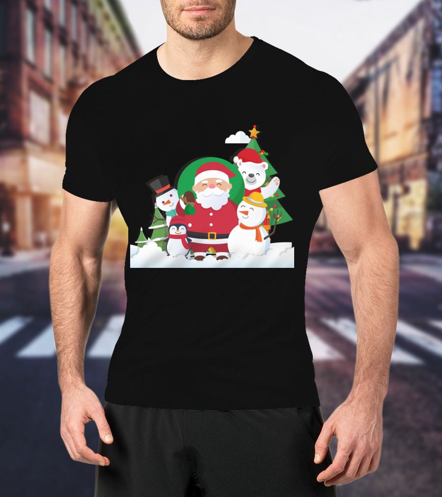 Christmas With Santa Claus Snowman Penguin Polar Bear Festive Scene T-Shirt
