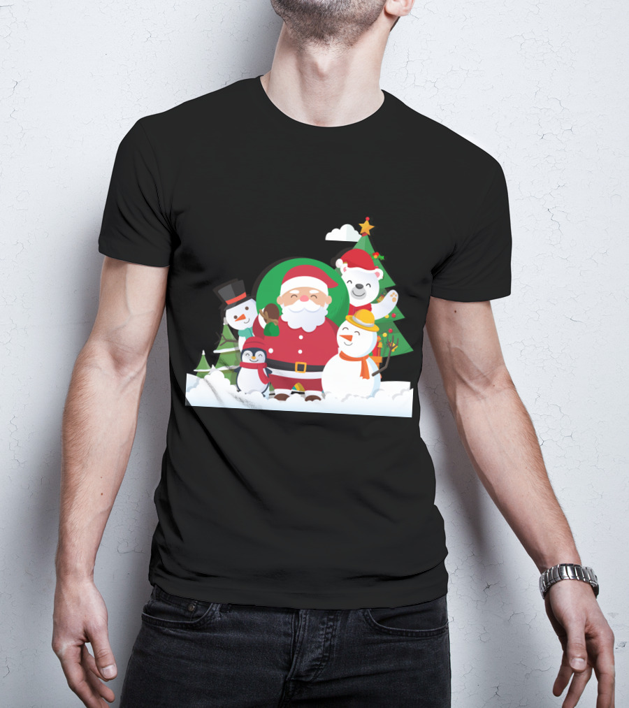 Christmas With Santa Claus Snowman Penguin Polar Bear Festive Scene T-Shirt