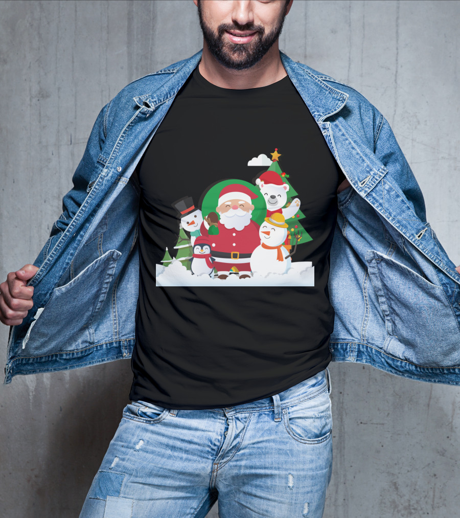 Christmas With Santa Claus Snowman Penguin Polar Bear Festive Scene T-Shirt