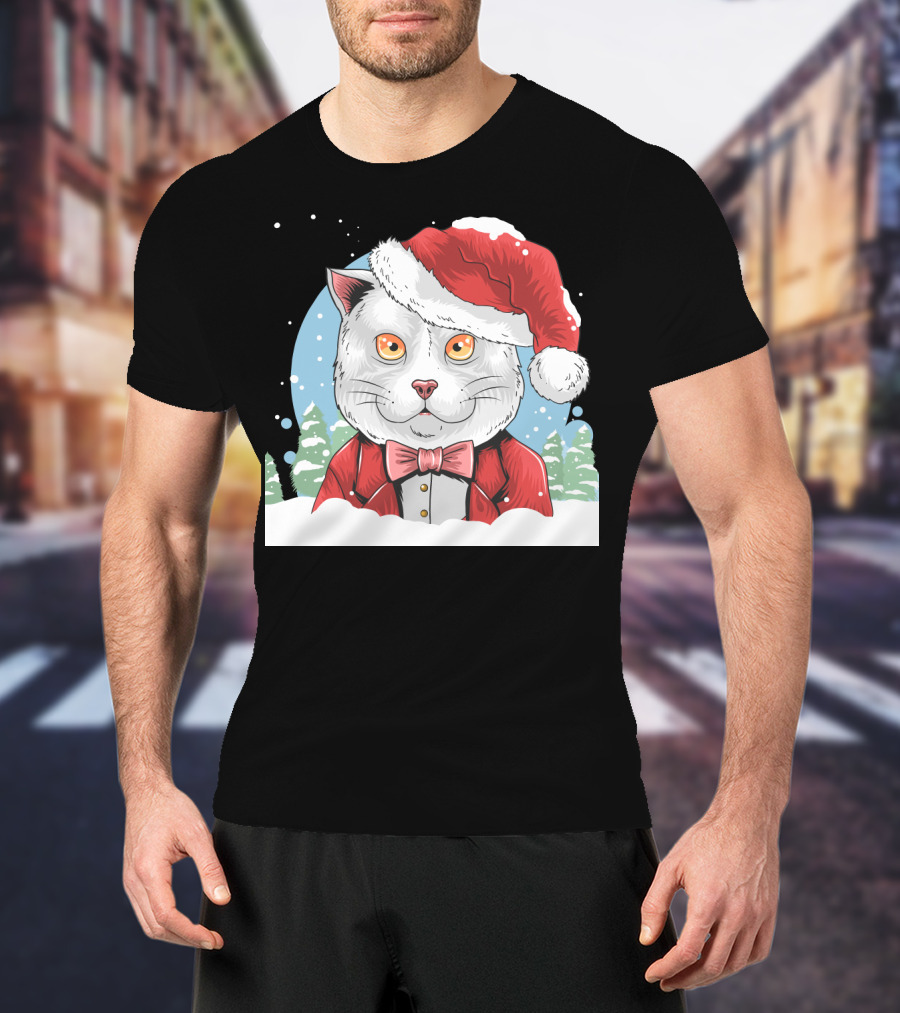Santa Claus Cat In Winter Wonderland Christmas Scene T-Shirt