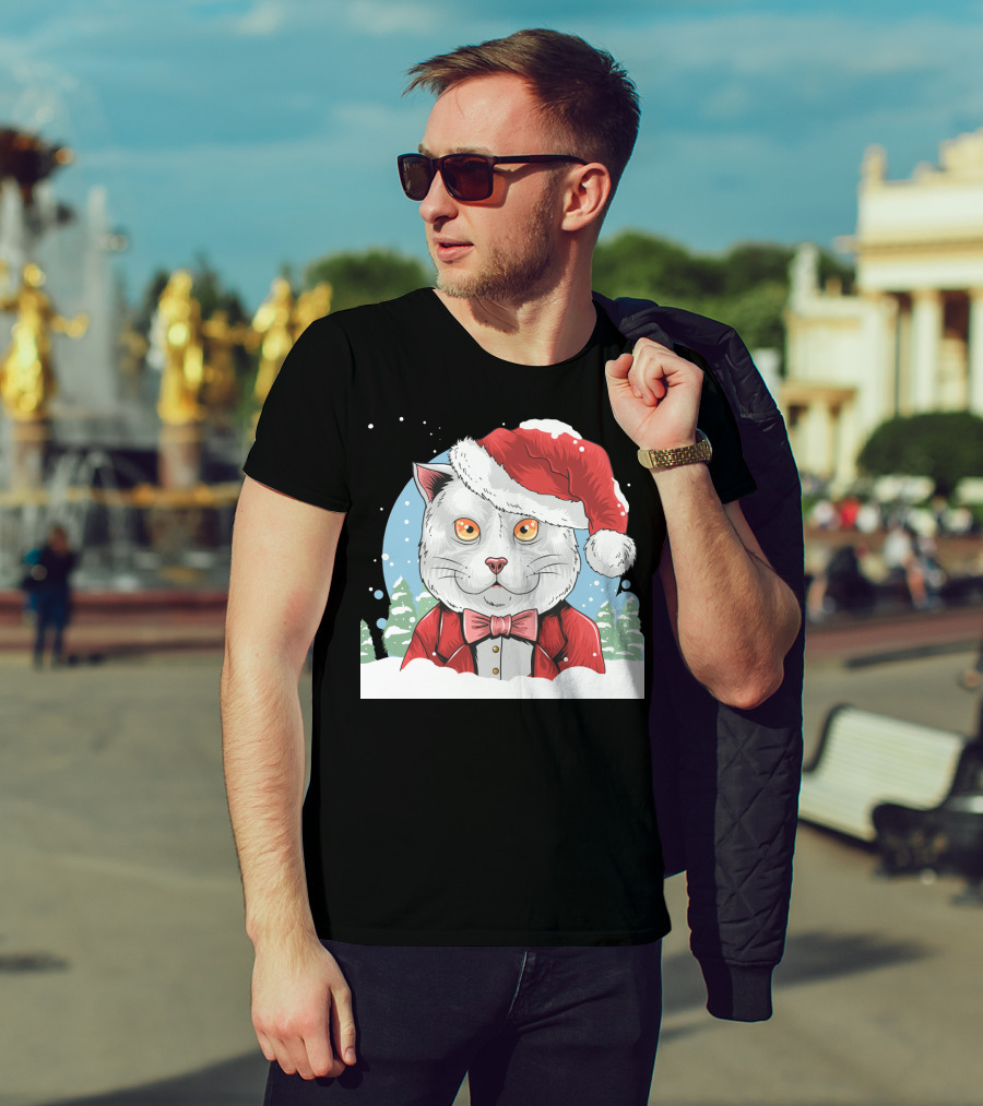 Santa Claus Cat In Winter Wonderland Christmas Scene T-Shirt