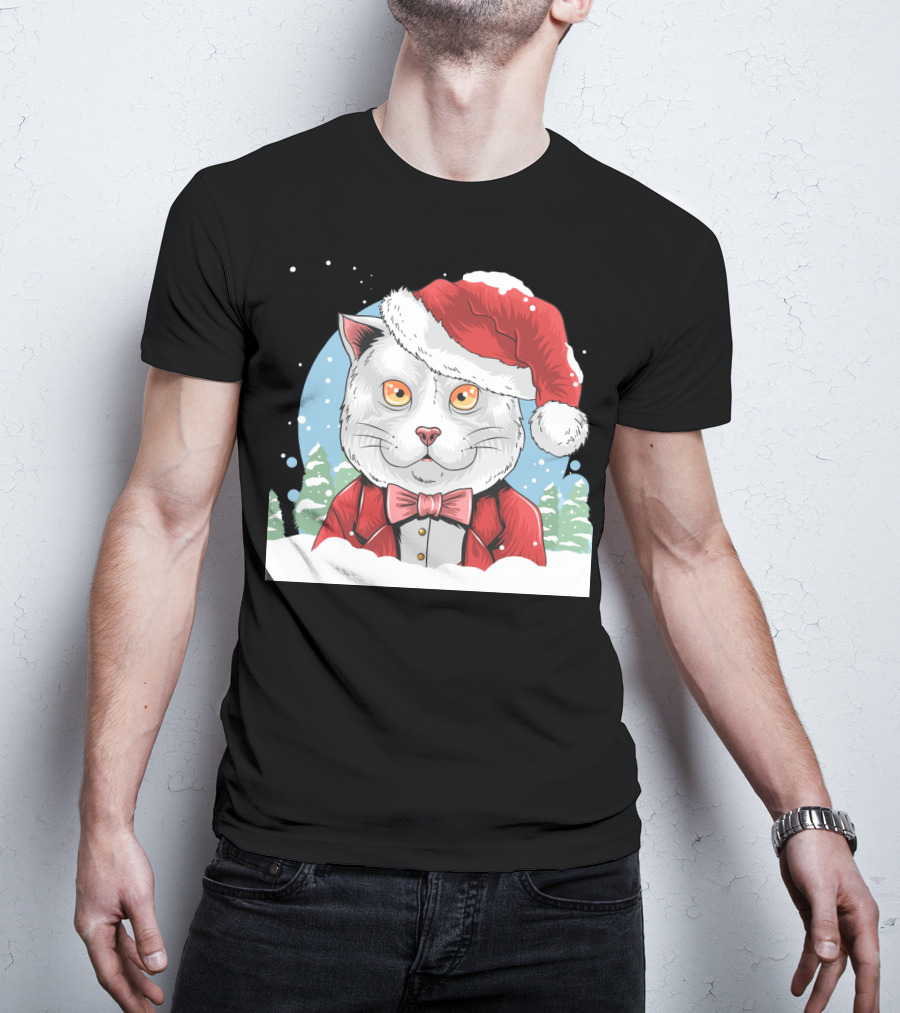 Santa Claus Cat In Winter Wonderland Christmas Scene T-Shirt