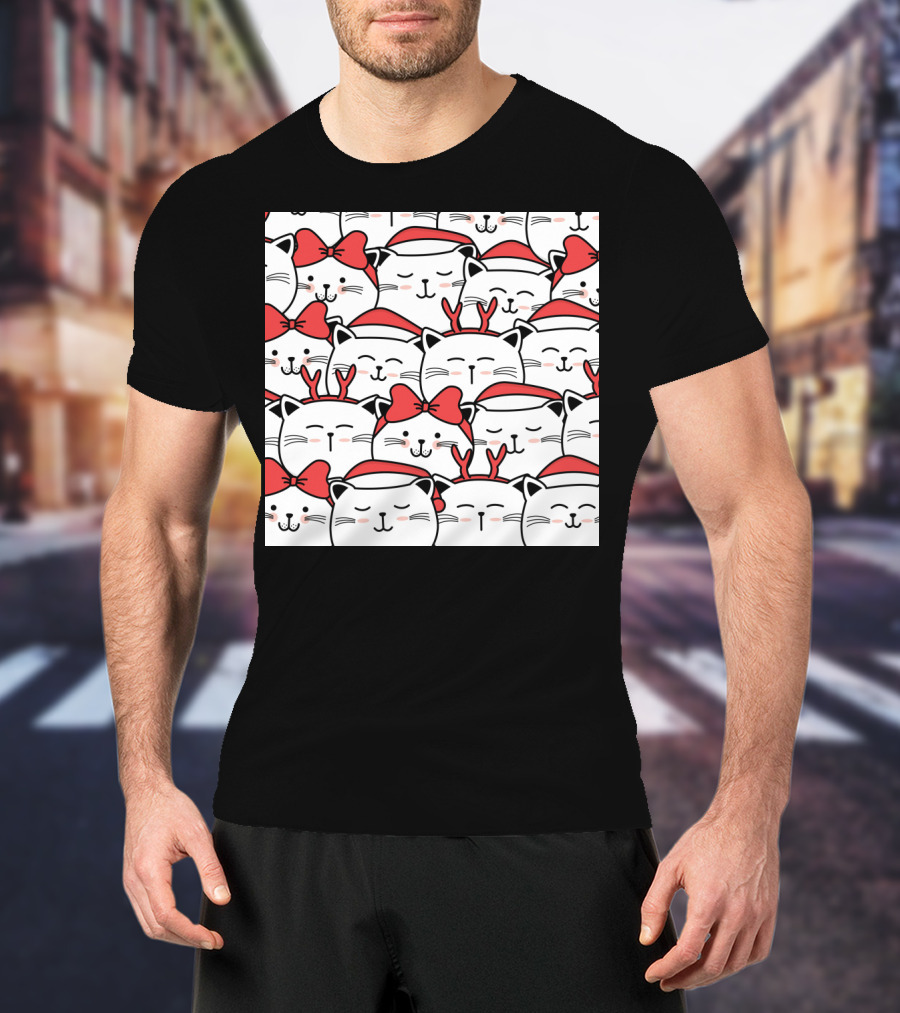 Cute Cat Christmas Santa Hats And Red Bows T-Shirt