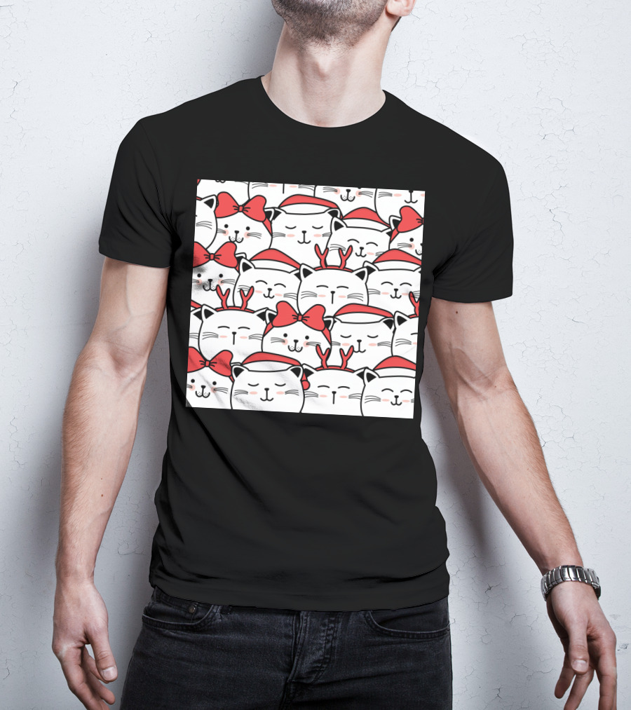 Cute Cat Christmas Santa Hats And Red Bows T-Shirt