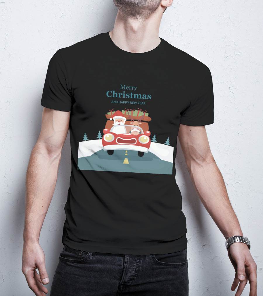 Merry Christmas And Happy New Year Reindeer Drives Car With Santa Claus T-Shirt