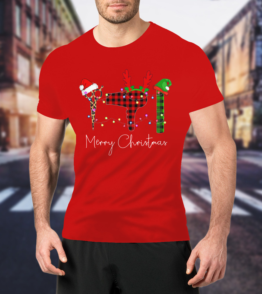 Hair Stylist Merry Christmas Scissors Dryer Comb Holiday Hat T-Shirt