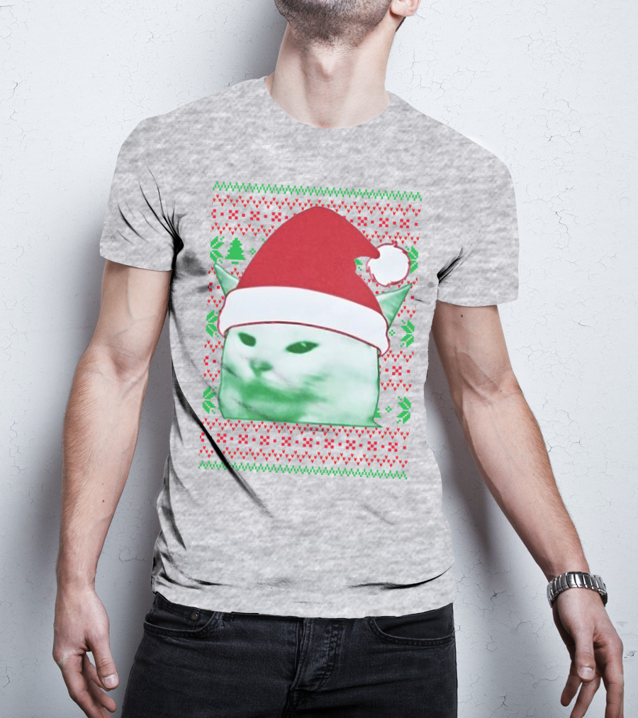 Santa Hat Cat Meme Christmas Pattern Raglan T-Shirt