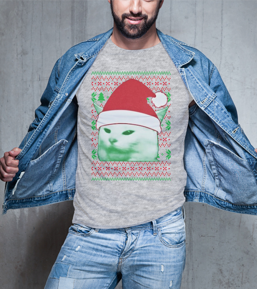 Santa Hat Cat Meme Christmas Pattern Raglan T-Shirt