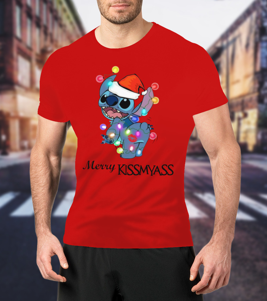 Merry Kissmyass Christmas Stitch Santa Hat Lights T-Shirt