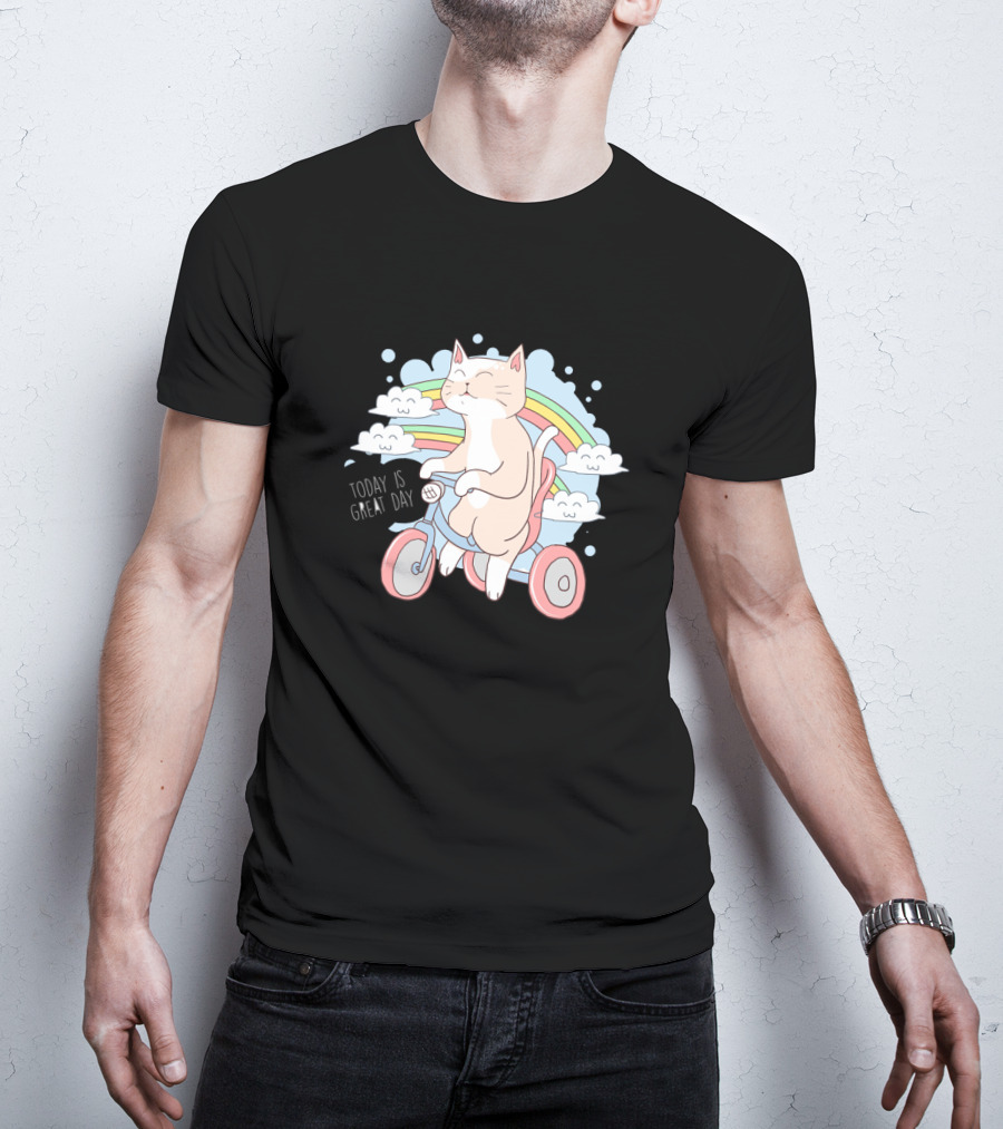 Cat On Bicycle With Rainbow Clouds And Positive Message Today Is Great Day T-Shirt