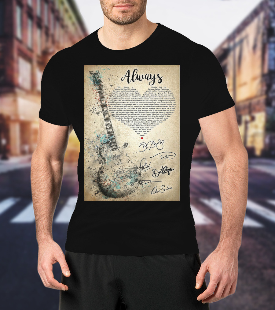 Always Bon Jovi Song Lyrics Guitar Art With Band Signatures T-Shirt