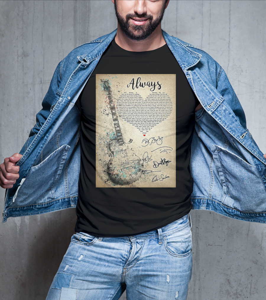 Always Bon Jovi Song Lyrics Guitar Art With Band Signatures T-Shirt