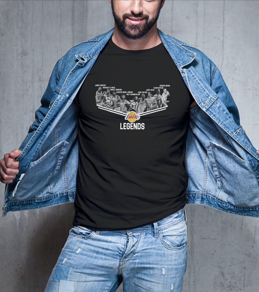 Los Angeles Lakers Legends Wilt Chamberlain Kareem Abdul-Jabbar Jerry West Magic Johnson Shaquille O'Neal Kobe Bryant James Worthy George Mikan Elgin Baylor Signature T-Shirt