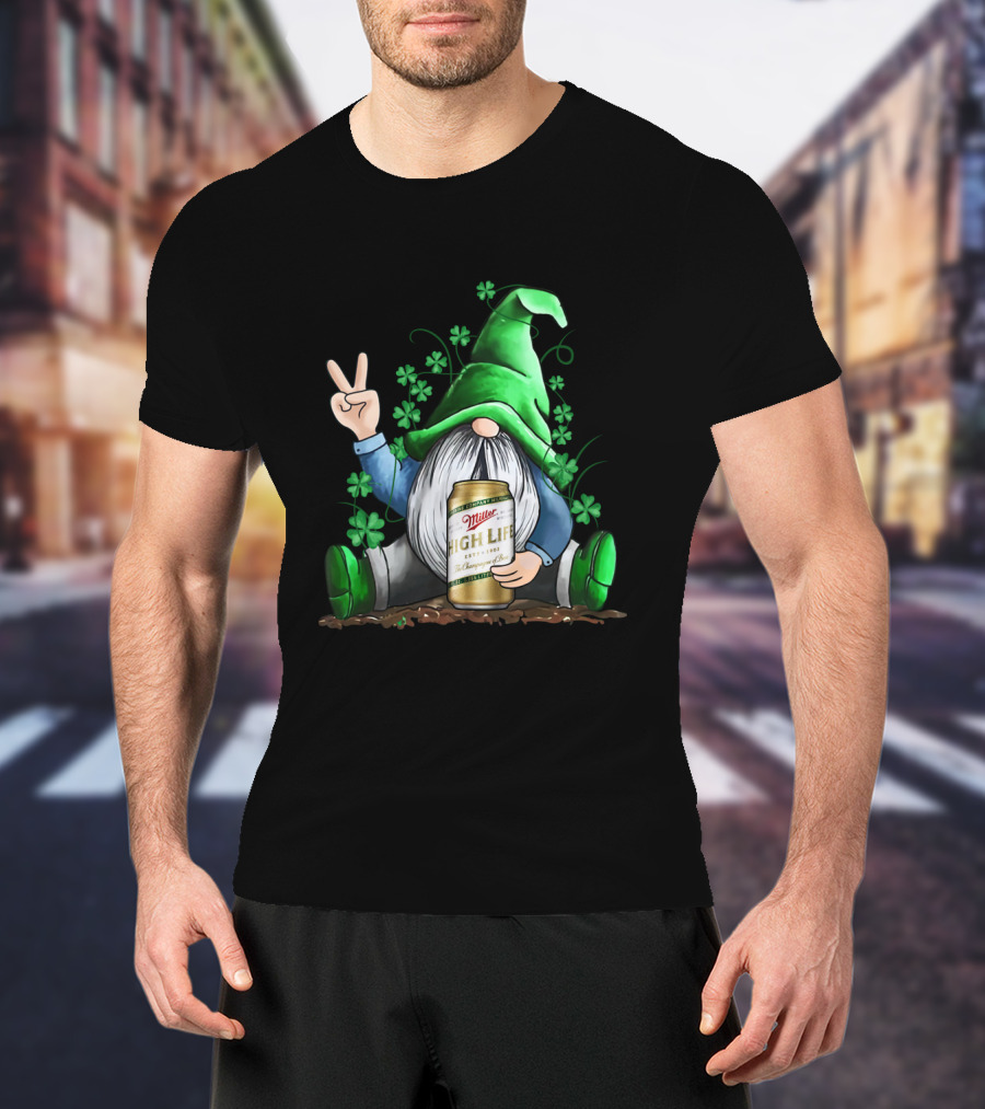 Irish Gnome Peace Sign Shamrocks Miller High Life St Patrick's Day T-Shirt