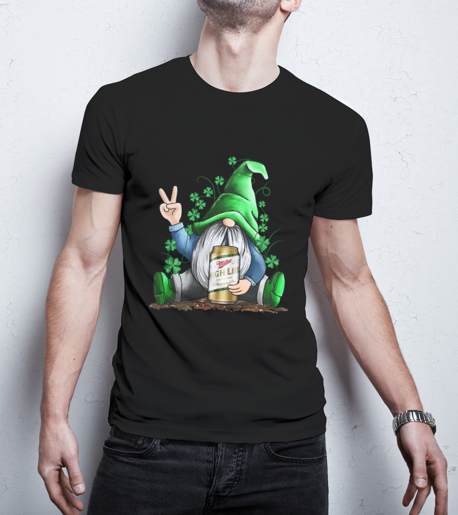 Irish Gnome Peace Sign Shamrocks Miller High Life St Patrick's Day T-Shirt