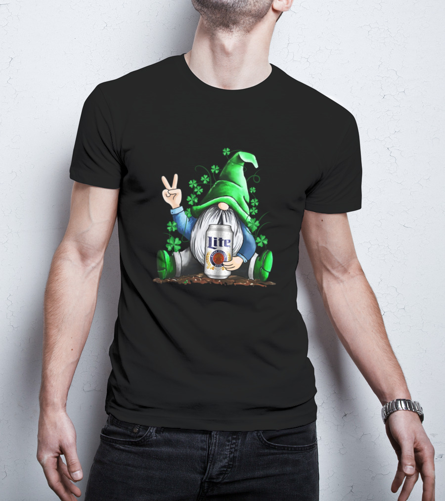 Miller Lite Irish Gnome Peace Sign Shamrocks St Patrick's Day T-Shirt