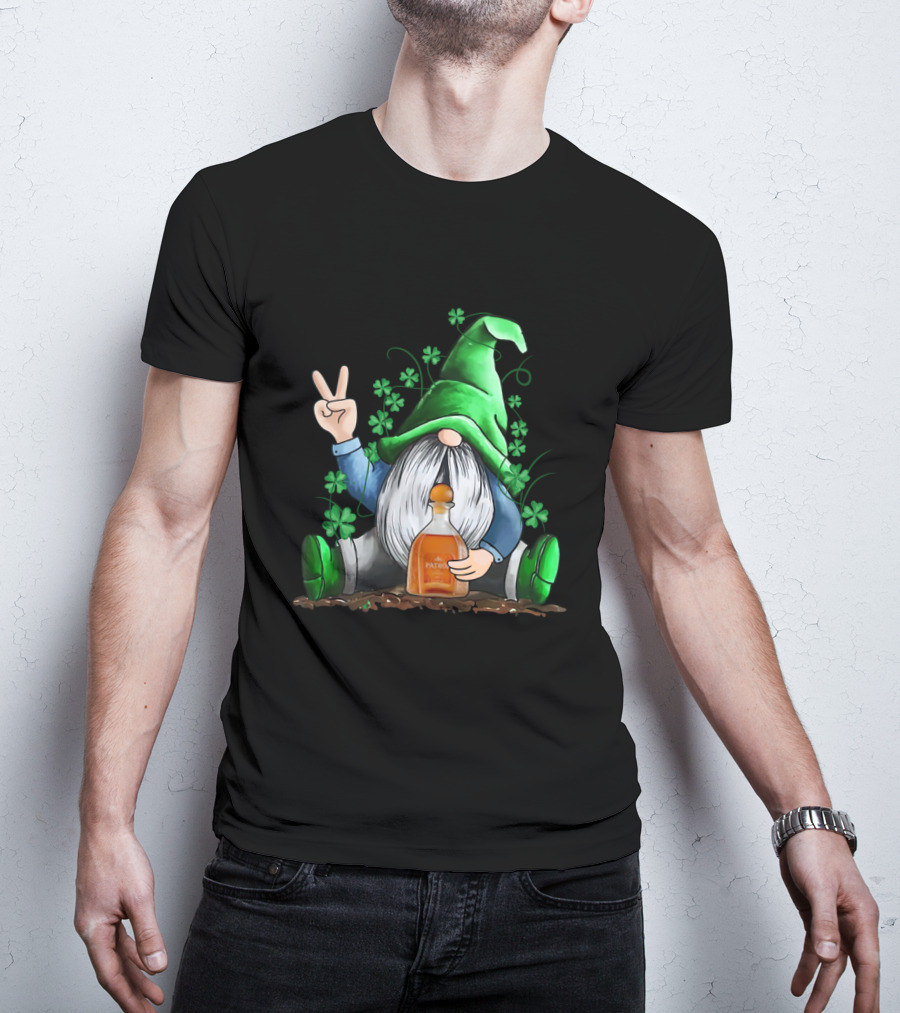 Patron Bottle Hug By Irish Gnome With Shamrocks For St Patrick's Day T-Shirt