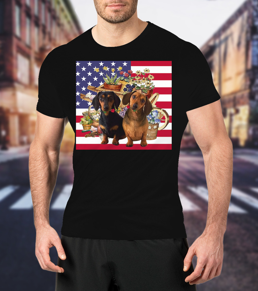 Daschund Flower Garden American Flag Backdrop Face Mask T-Shirt