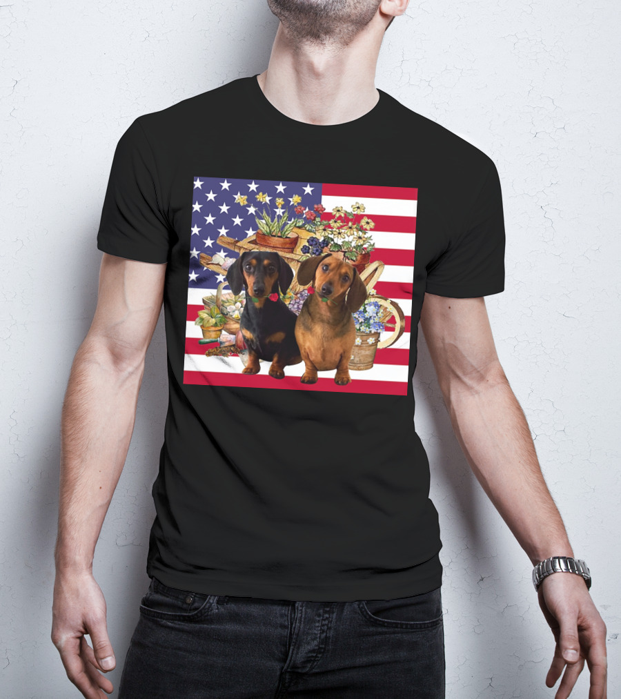 Daschund Flower Garden American Flag Backdrop Face Mask T-Shirt