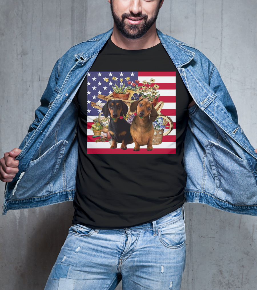 Daschund Flower Garden American Flag Backdrop Face Mask T-Shirt