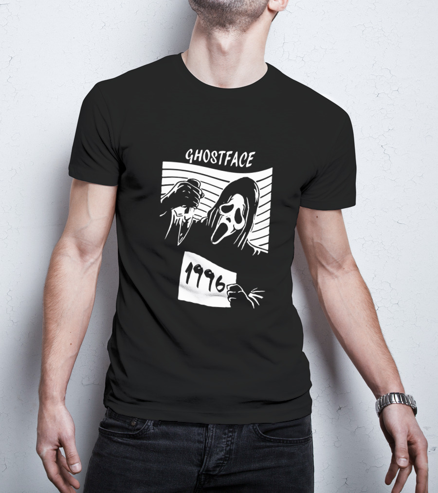Ghostface 1996 Classic Movie Icon With Knife And Hooded Mask T-Shirt