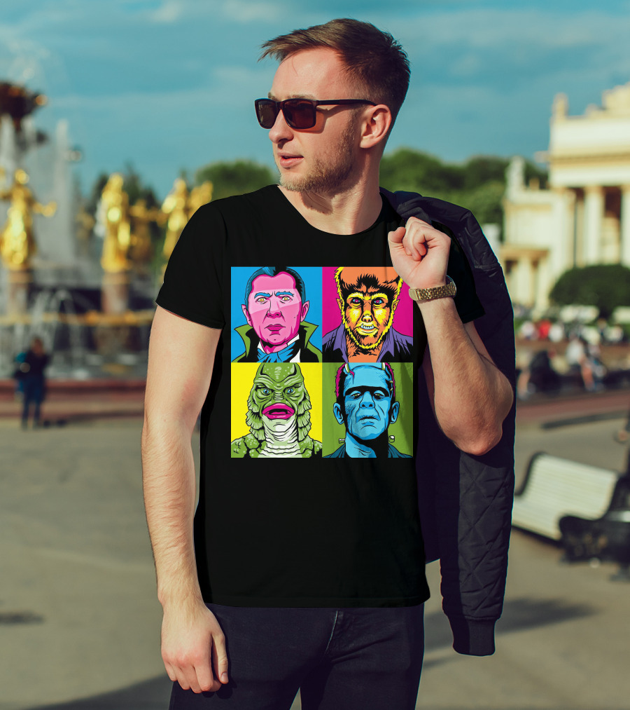 Dracula Frankenstein Wolfman Creature Horror Pop Art Icons T-Shirt