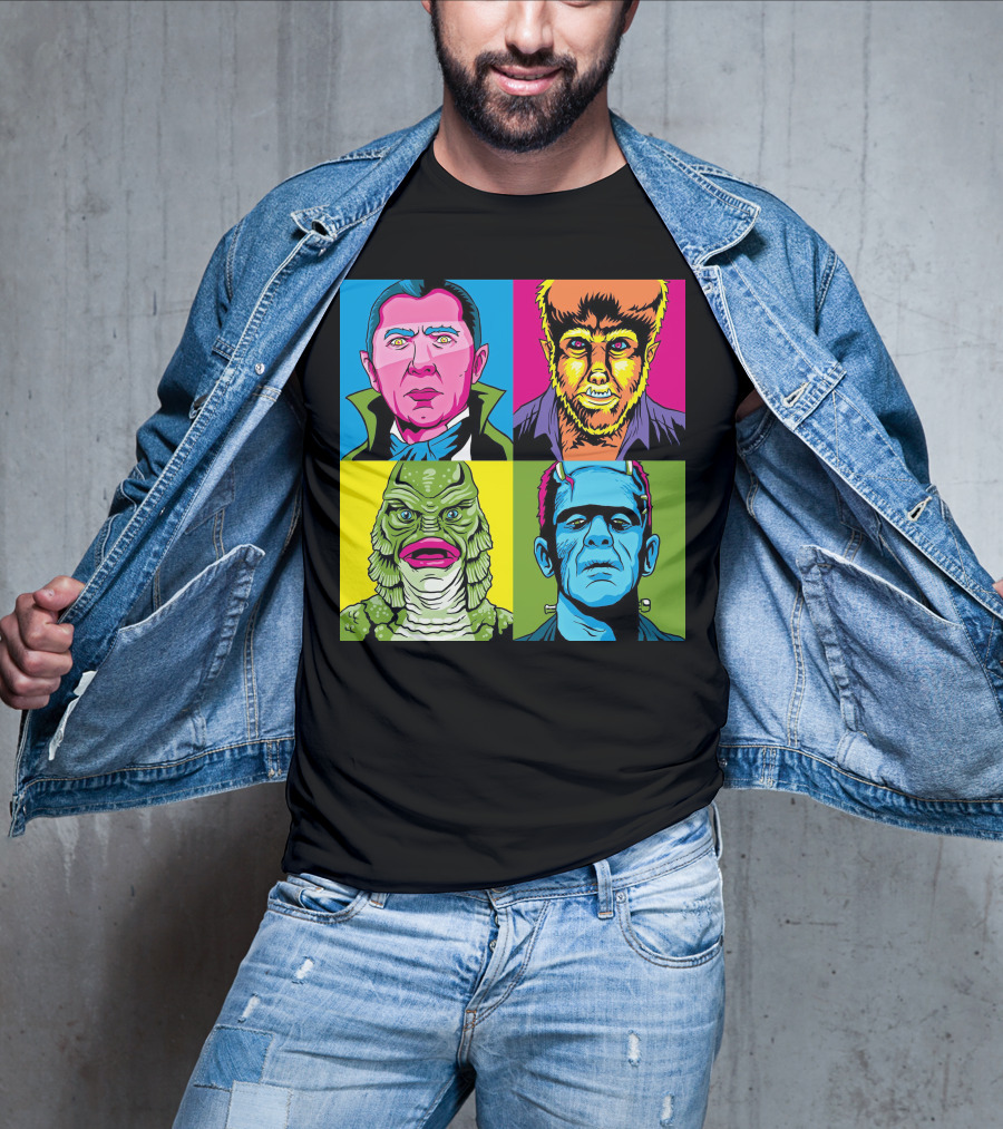 Dracula Frankenstein Wolfman Creature Horror Pop Art Icons T-Shirt