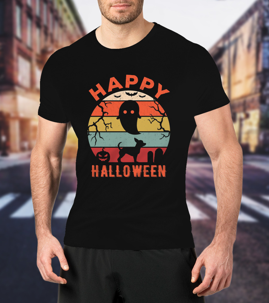 Happy Halloween Chihuahua Ghost Pumpkin Retro Stripes T-Shirt