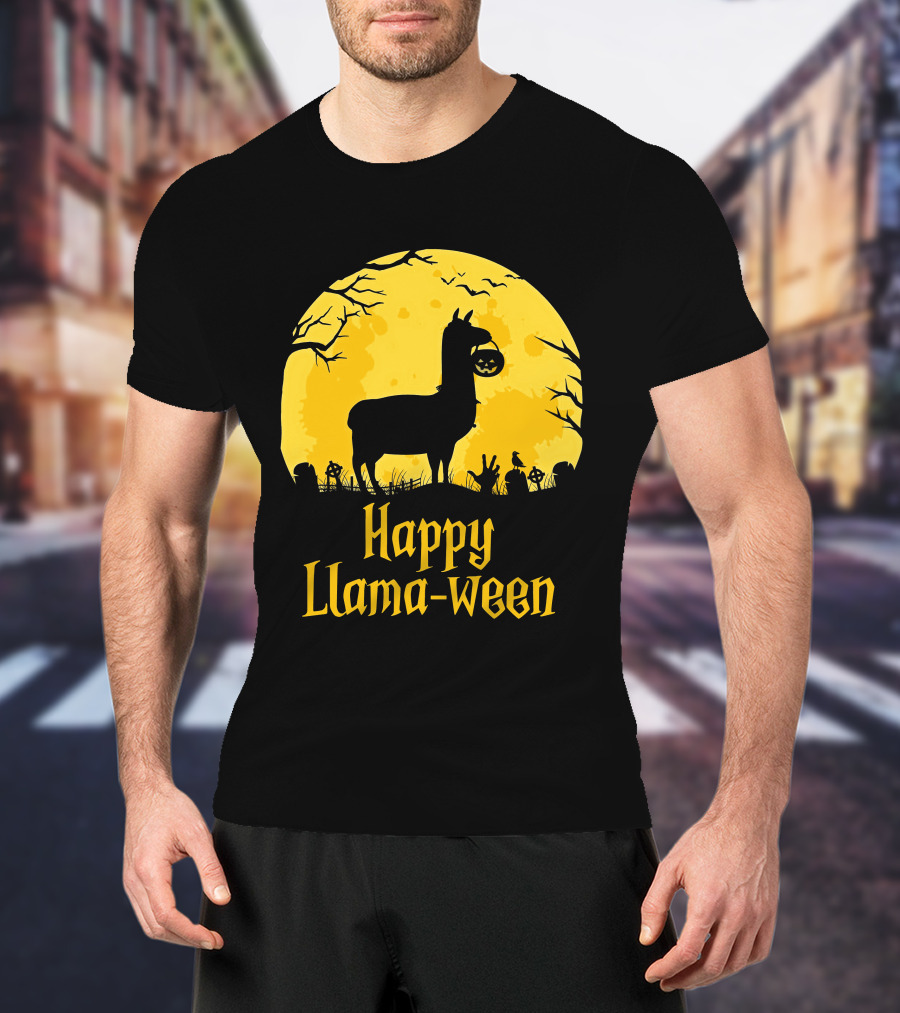 Happy Llamaween Llama Holding Pumpkin Silhouette In Spooky Halloween Scene T-Shirt