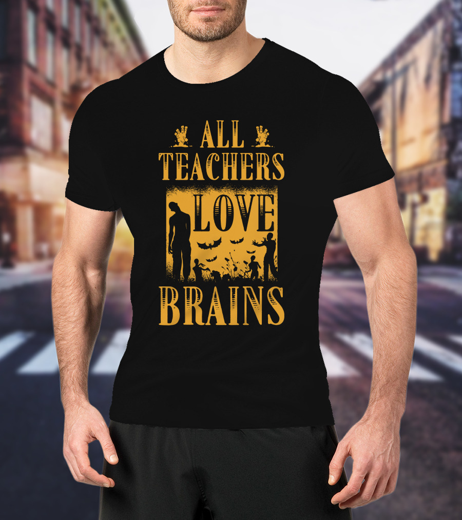 All Teachers Love Brains Zombie Silhouette Bats And Graveyard T-Shirt