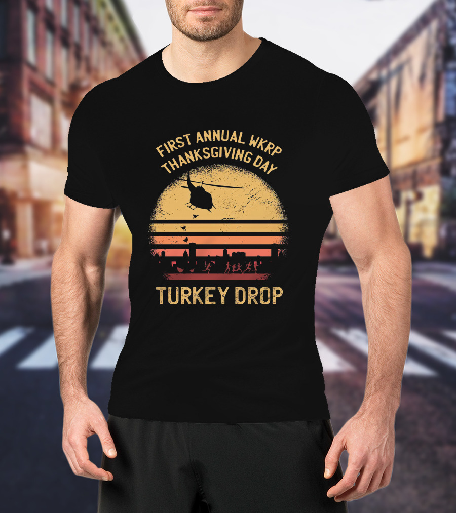 First Annual WKRP Thanksgiving Day Turkey Drop Helicopter Silhouette Vintage Sunset Scene T-Shirt