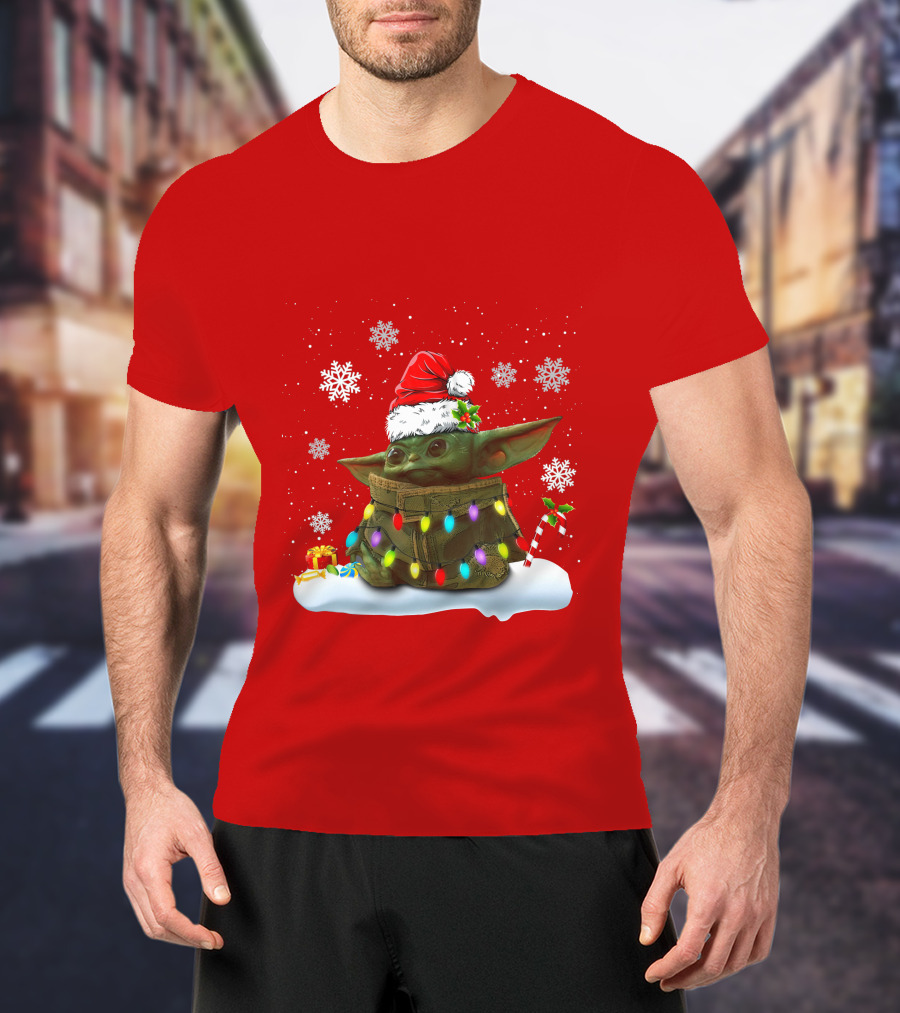 Santa Baby Yoda Christmas Lights Snowflakes Candy Cane Holiday Scene T-Shirt