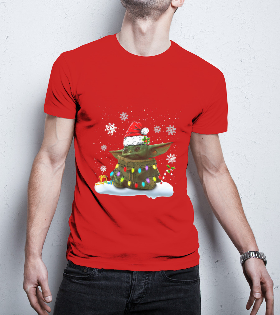 Santa Baby Yoda Christmas Lights Snowflakes Candy Cane Holiday Scene T-Shirt