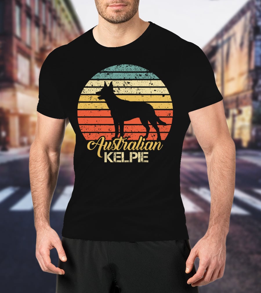 Retro Australian Kelpie Silhouette With Vintage Stripes T-Shirt