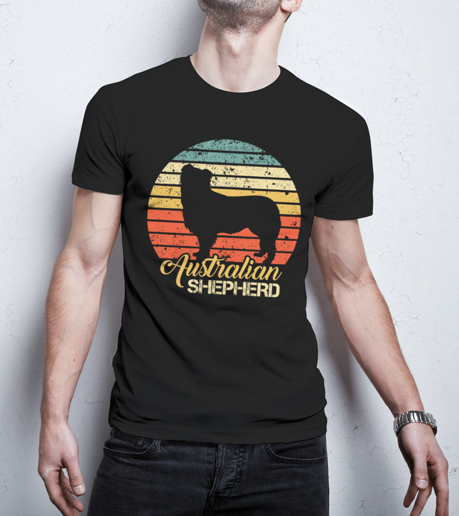 Retro Striped Silhouette Vintage Australian Shepherd T-Shirt