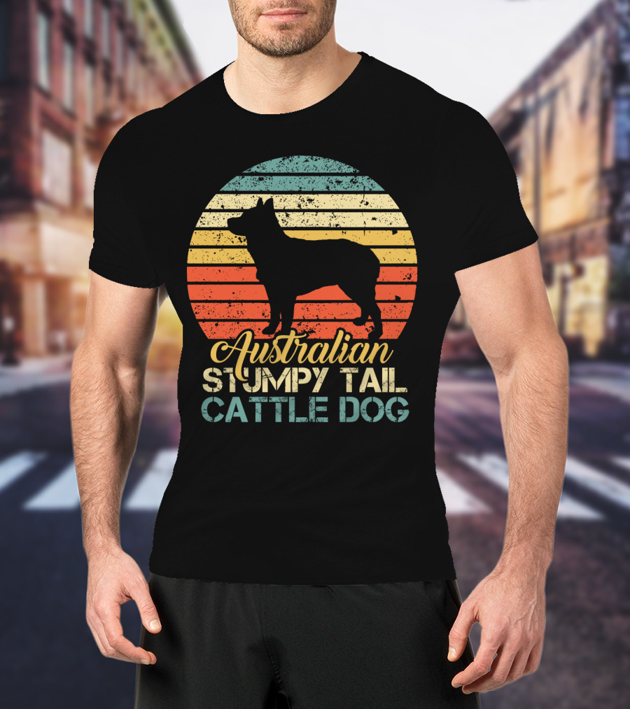 Vintage Retro Australian Stumpy Tail Cattle Dog Silhouette Sunset Stripes T-Shirt