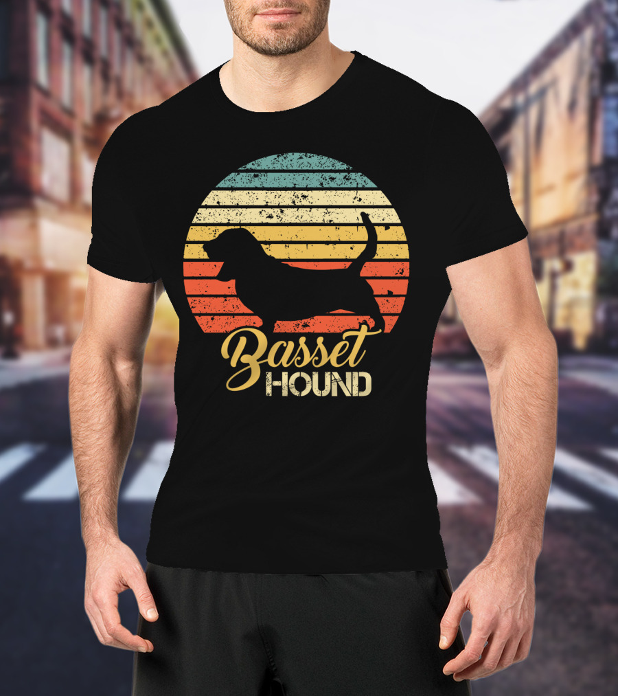 Retro Basset Hound Silhouette In Vintage Sunset T-Shirt