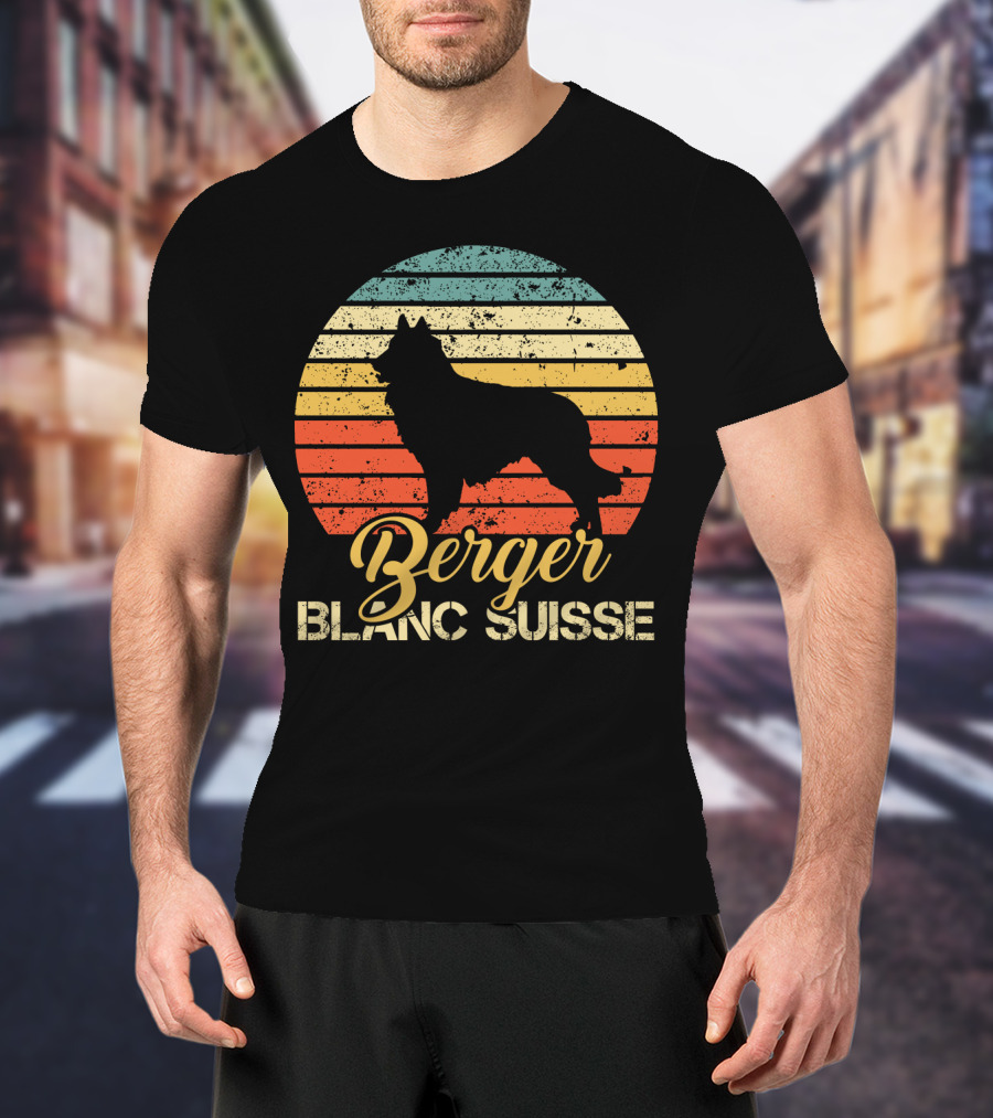 Retro Sunset Silhouette Berger Blanc Suisse Text T-Shirt