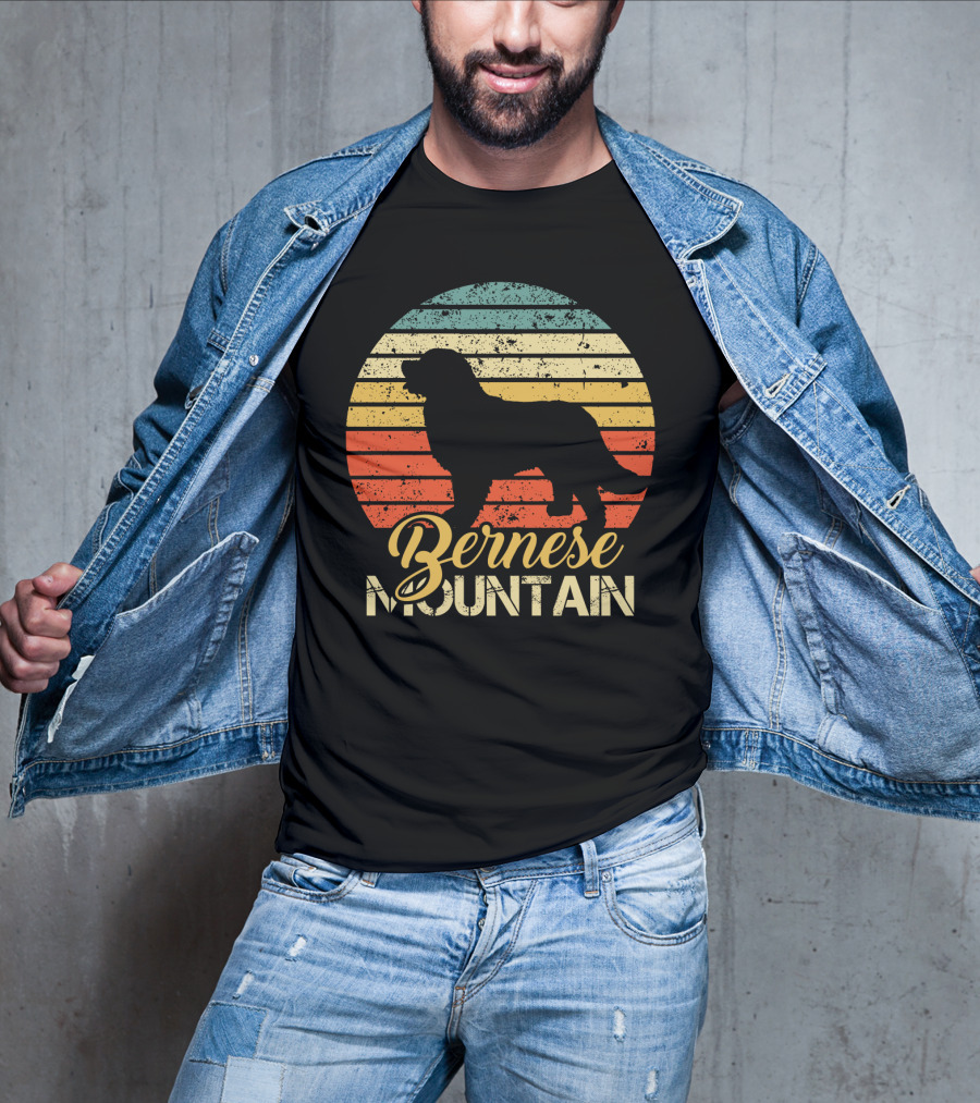 Retro Bernese Mountain Dog Silhouette With Striped Sunset Background T-Shirt