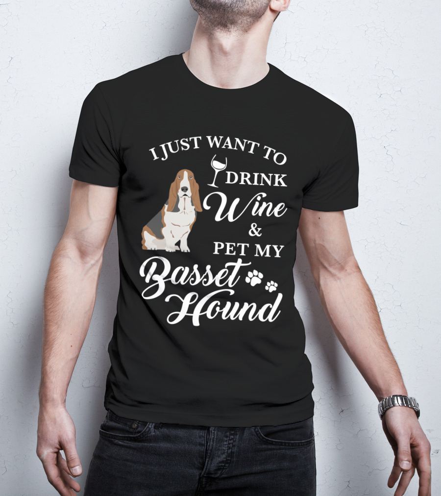 I Just Want To Drink Wine And Pet My Basset Hound Paws Icons T-Shirt