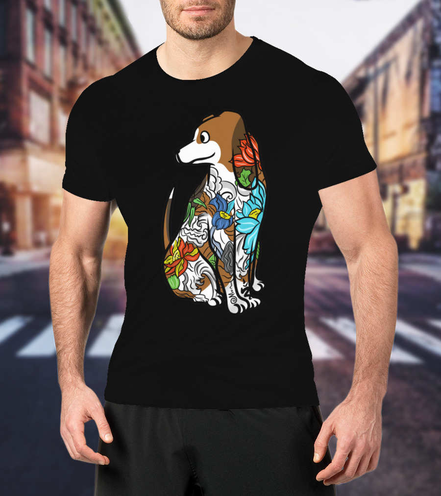 Basset Hound Tattoo Floral Art Design With Vibrant Colors T-Shirt