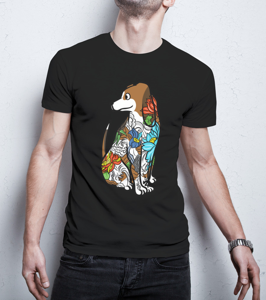 Basset Hound Tattoo Floral Art Design With Vibrant Colors T-Shirt