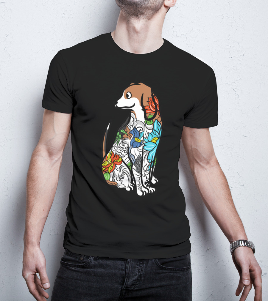Beagle With Vibrant Floral Tattoo T-Shirt